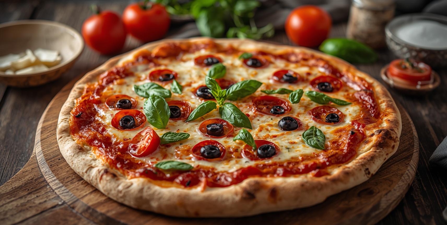 pizza tarifi, profesyonel ve ciddi tasarım, malzemeler ve adımlar, şık ve temiz görünüm, yüksek kaliteli fotoğraf stili