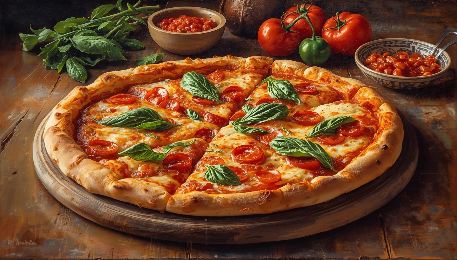 pizza tarifi sayfası kapak görseli, taze pişmiş pizza, malzemeler, profesyonel yemek fotoğrafçılığı