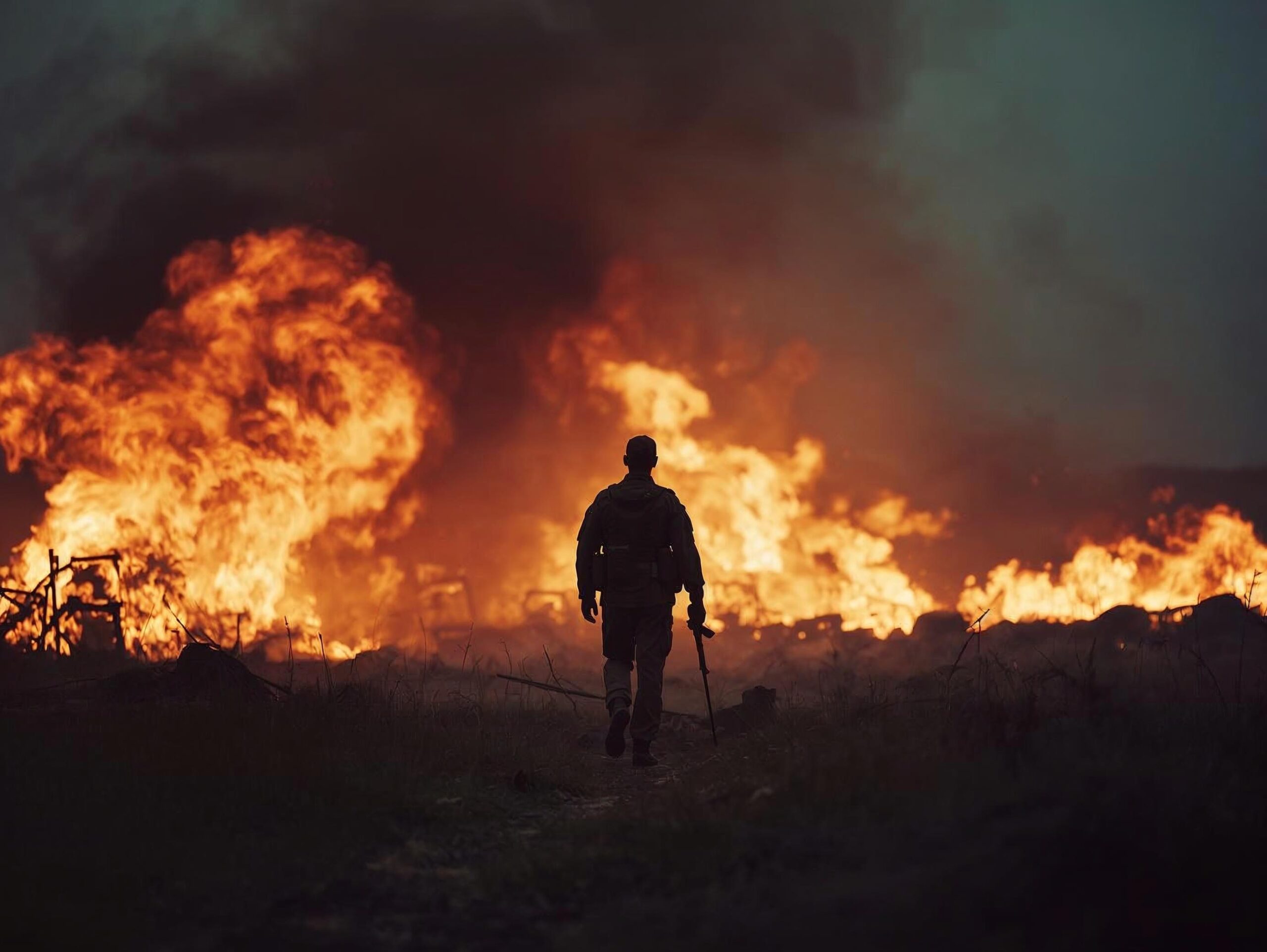bir savaş sahnesinden alınmış bir fotoğraf karesi oluştur yangınlar olsun arkasını dönük bir asker olsun