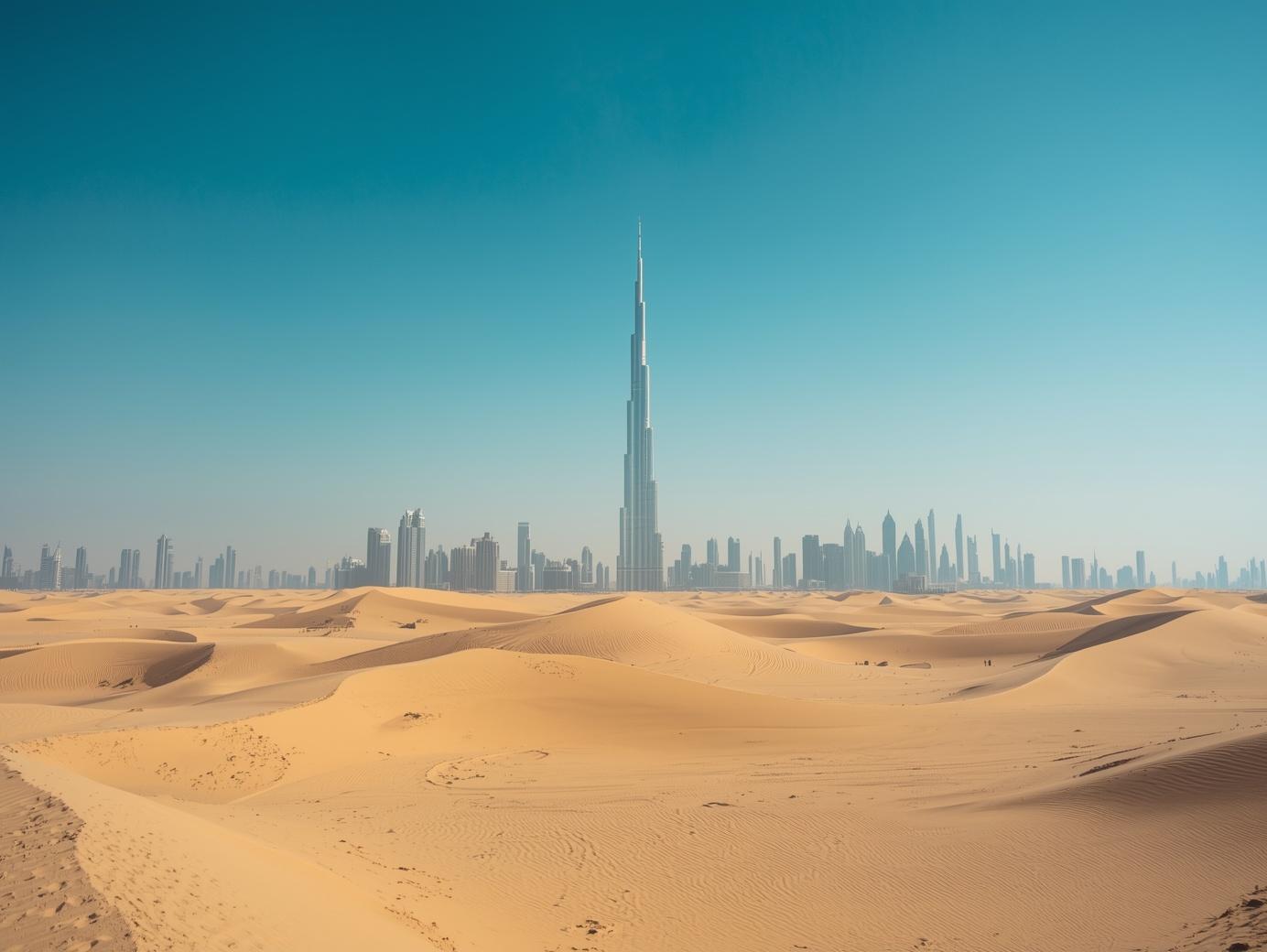 dubaiyi temsil eden bir görsel oluştur gün batımı olmasın ve çölde gözüksün